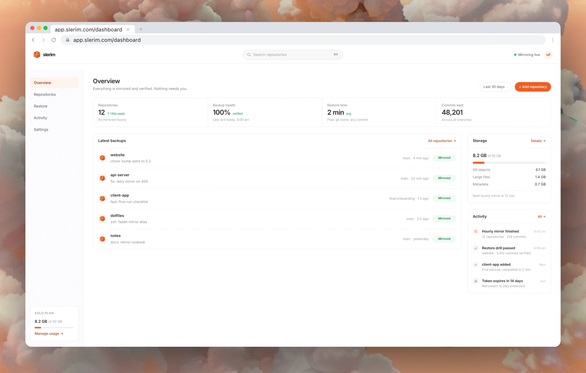 slerim dashboard: backup health, latest backups, storage and activity
